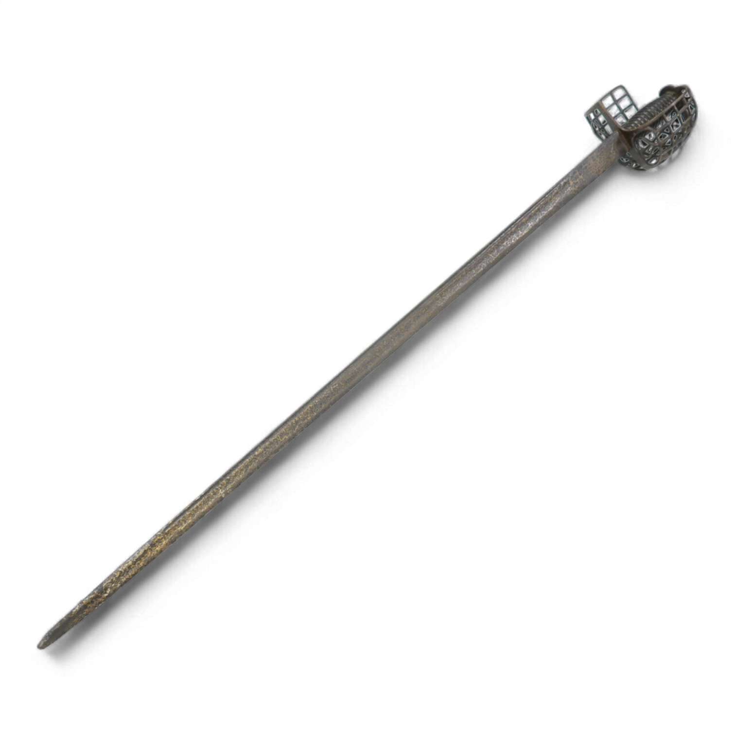 A basket hilted backsword of c.1750, with single edge blade cut with a pair of fullers, three-quarter basket guard comprising many rectangular openings, blade 90.5cm